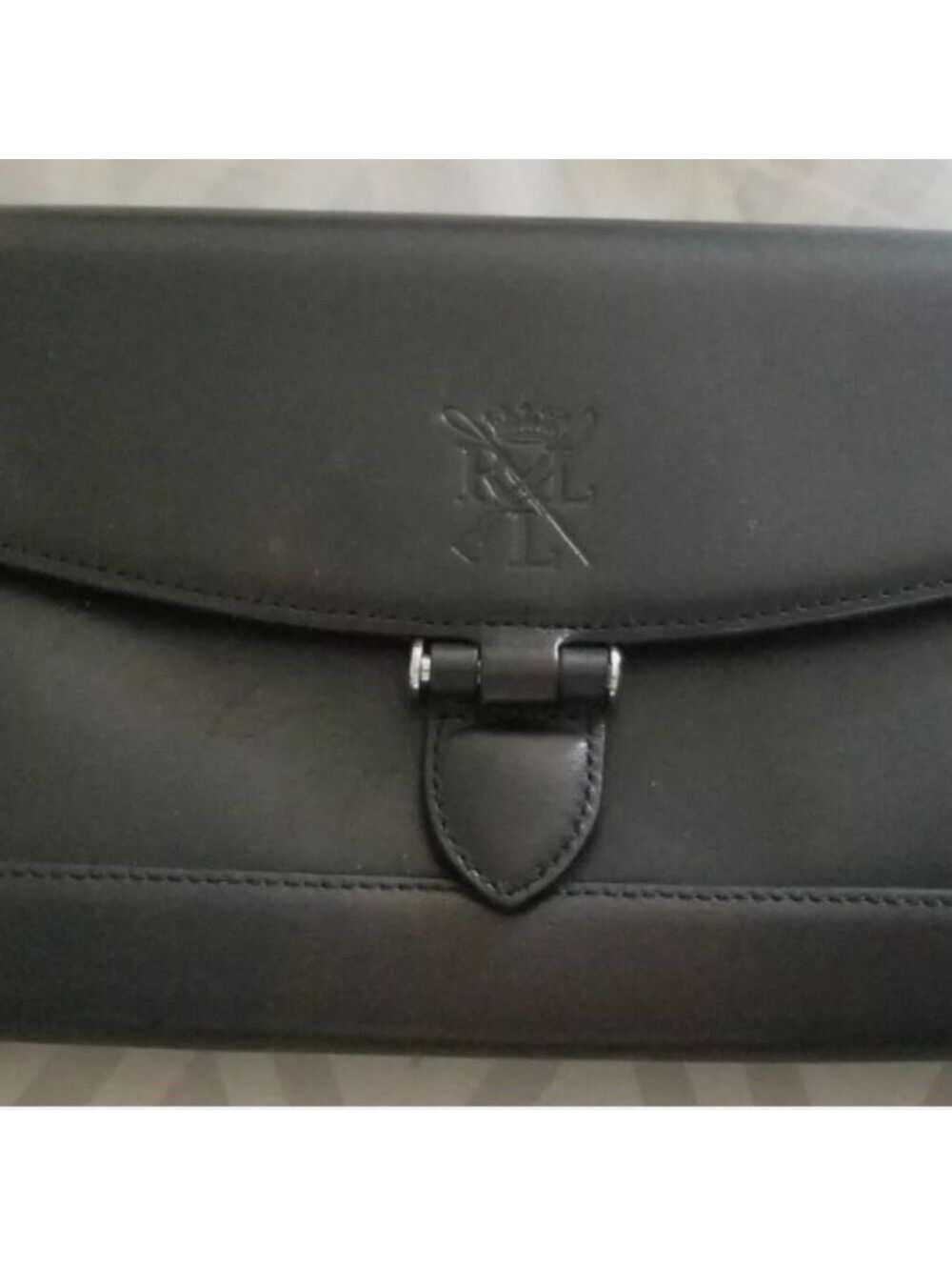 New Ralph Lauren Black Leather Clutch Bag.Built in makeup mirror in top flapPr
